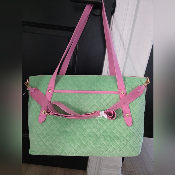 NWT Juicy Couture Juicy Tale Retro Green and Pink Quilted Tote Bag - Picture 2 of 5